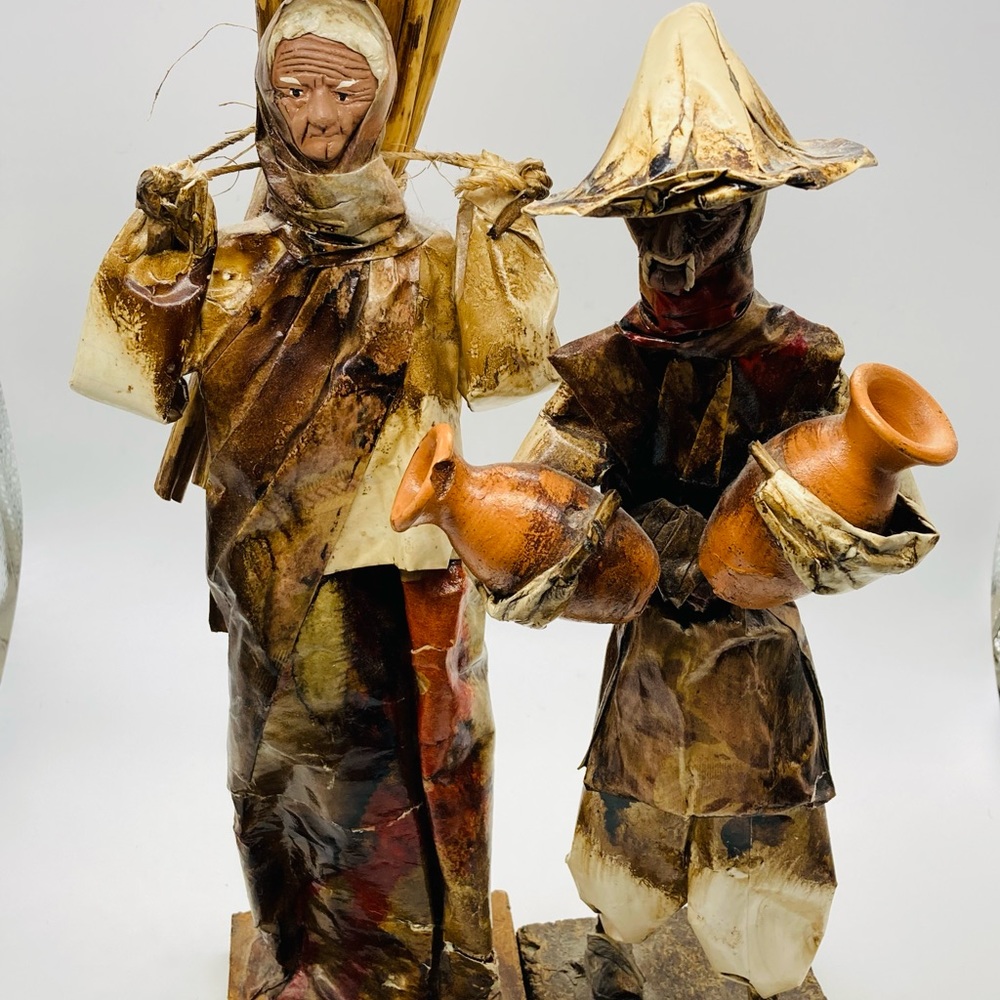 Vintage Mexican Folk Art Paper Mache Older Working Couple Figurines (set of 2)